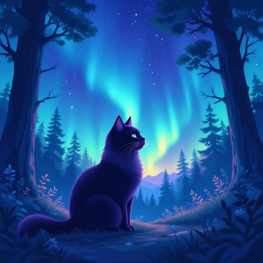 Dark Purple Cat Under Aurora in Anime Acrylic Style