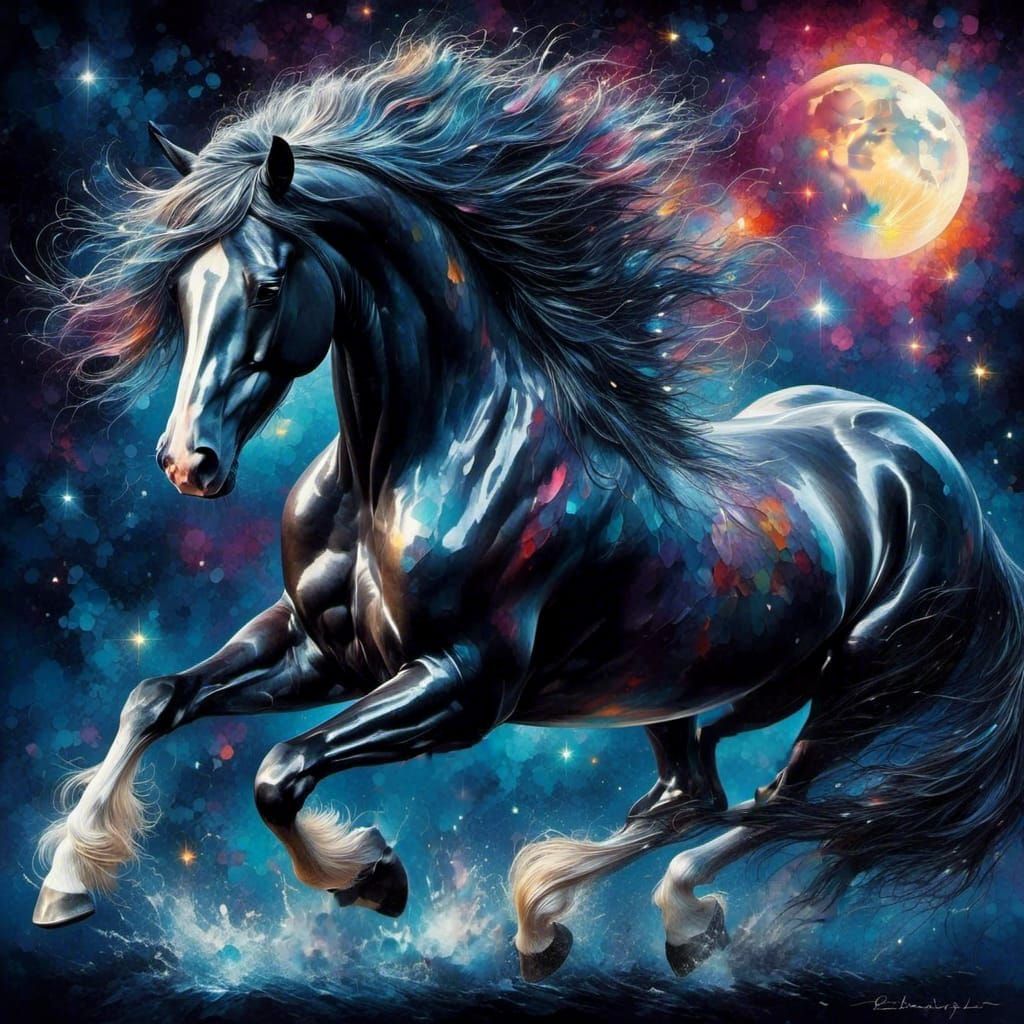 Wild Horse Silhouette at Midnight with Dazzling Effect