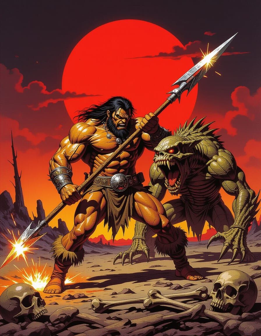 Post-Apocalyptic Barbarian Clash in Epic Painterly Style