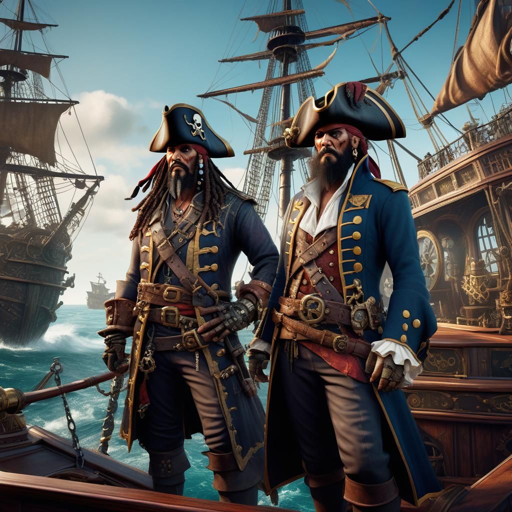 steampunk pirate king and first mate, detailed matte paintin...