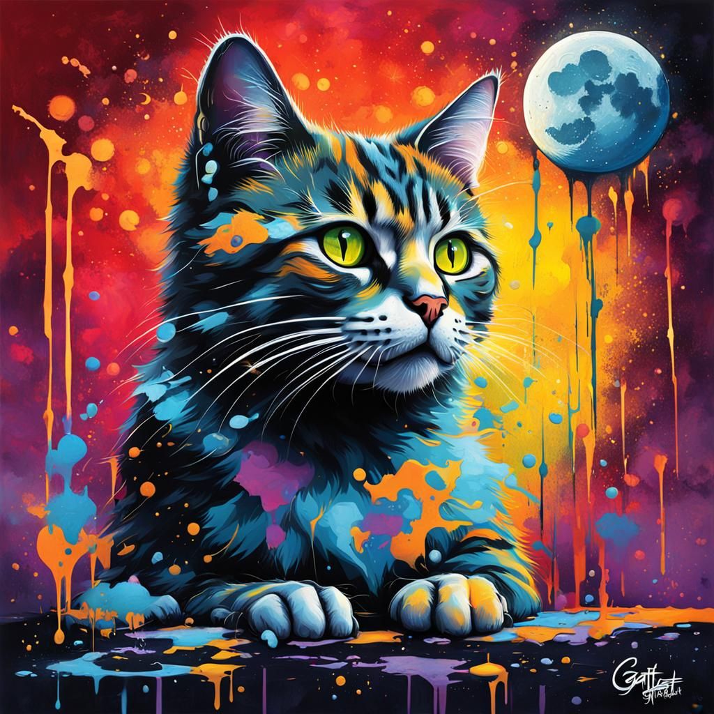 Cat Plays with Moon in Graffiti Splash Art
