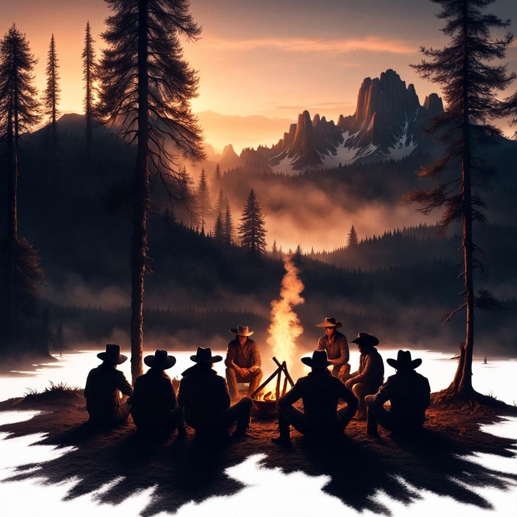 Cowboys Campfire Silhouette: Dramatic Digital Matte Painting