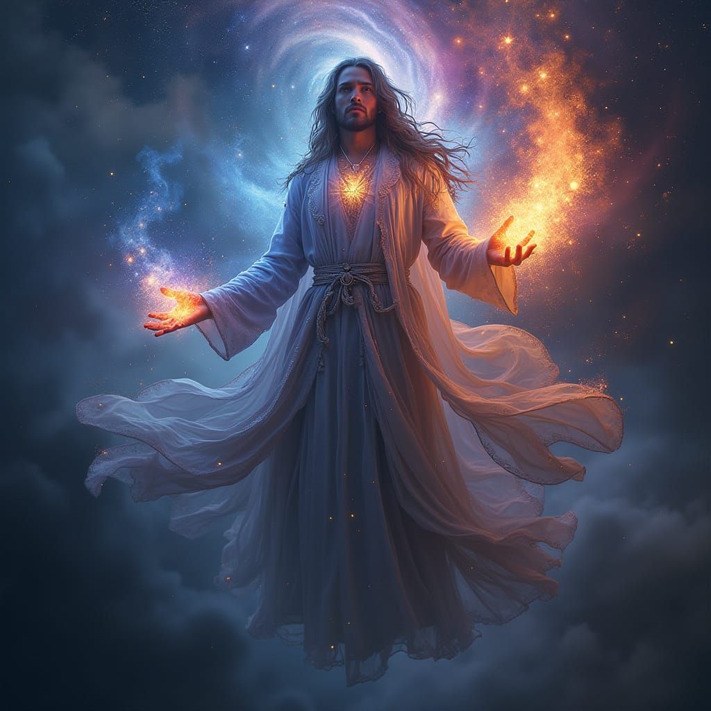 Cosmic Mage Levitates Amidst Swirling Nebula, Hands Crackle ...