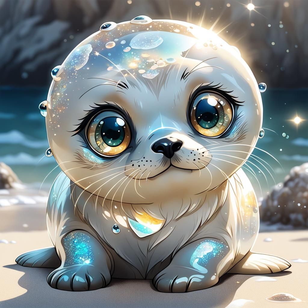 Adorable Chibi Seal Sunbathing, Glittercore Art
