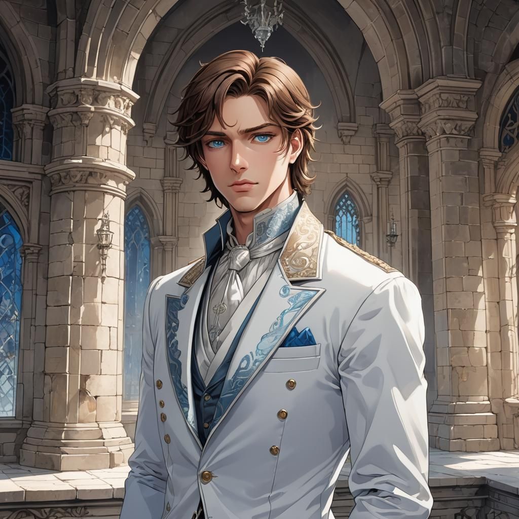 Anime Young Prince in Silver and White Formalwear