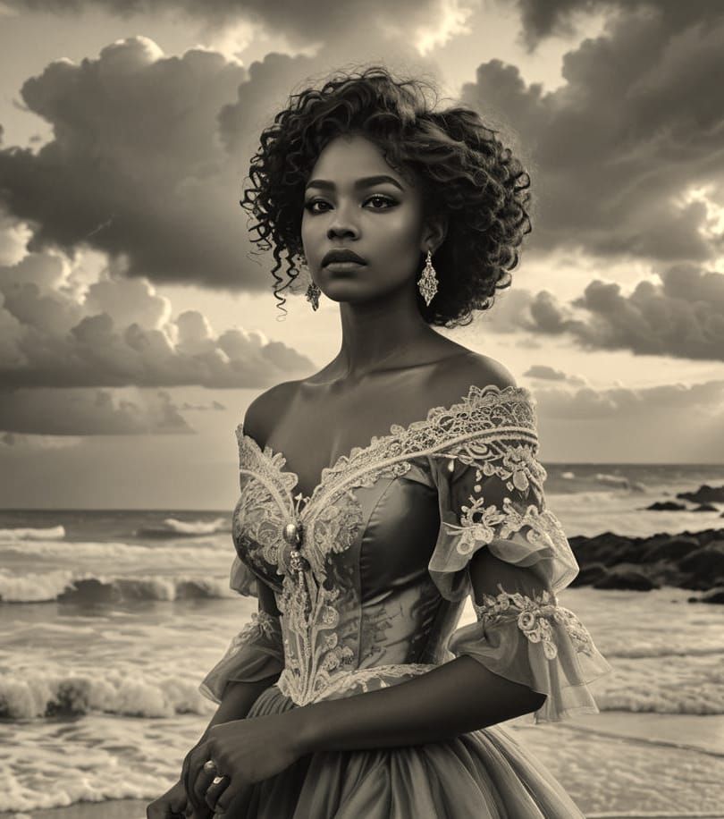 Voluptuous Woman in Victorian Dress on Ominous Beach