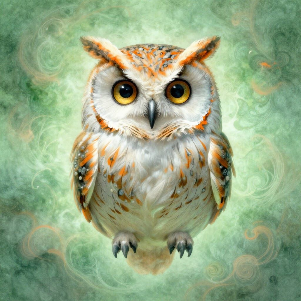 Owl gazing above Art styled by heavenly dream, delicate, intricate, sharp focus, global lighting, green orange and white