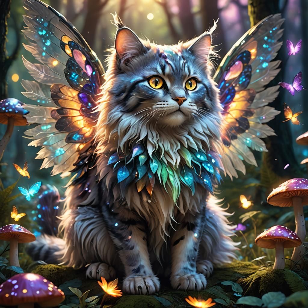 Iridescent Winged Feline in Dreamlike Forest