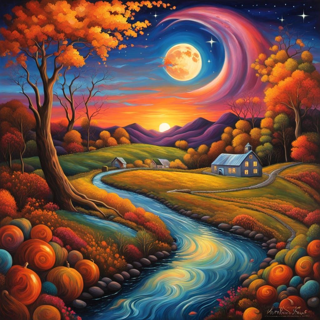 Autumn Sunset Over Mill Into Cosmic Moonscape