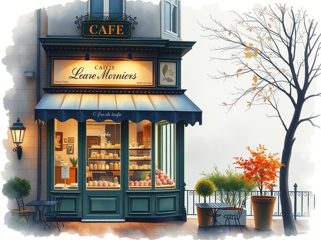 Whimsical French Cafe in Misty Autumn Morning
