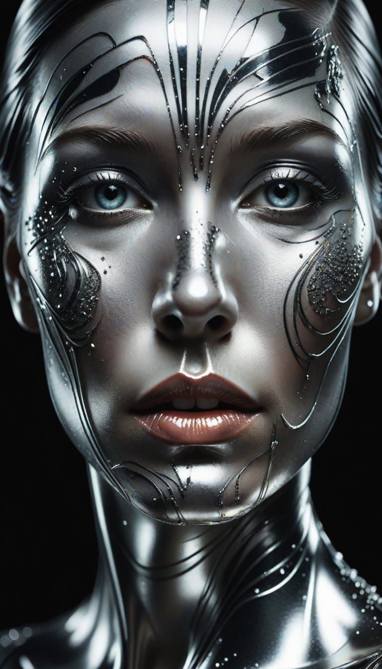 Art Deco Liquid Silver Portrait in Macro Style