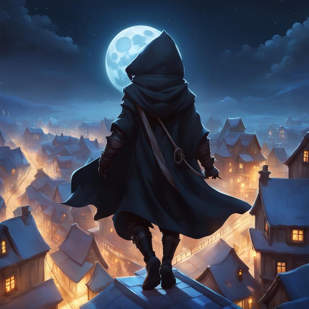 Chibi Wolf Silhouette on Fantasy Rooftops