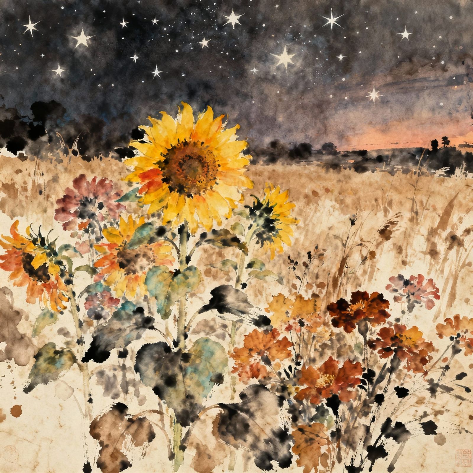 Vibrant Sunflowers in Muted Evening Tones