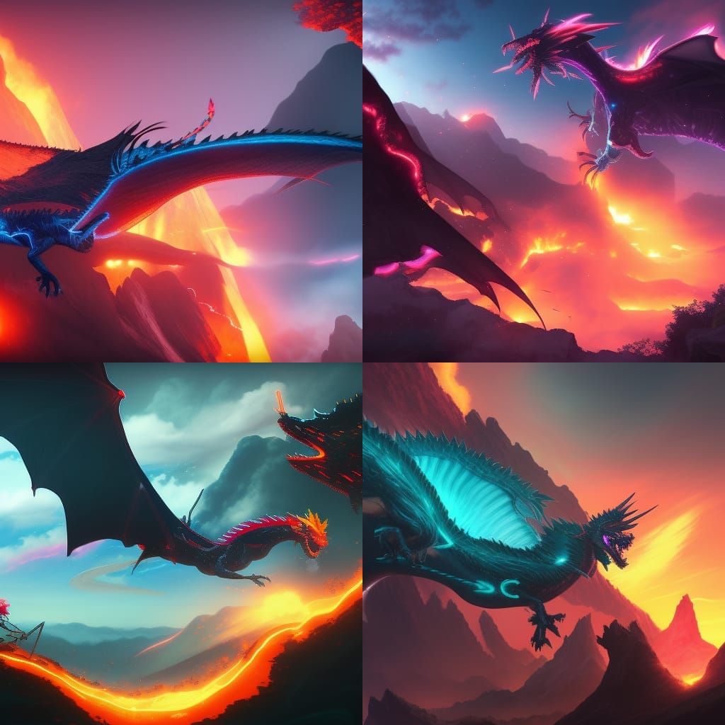 Anime Girl Slaying Neon Dragon over Volcano