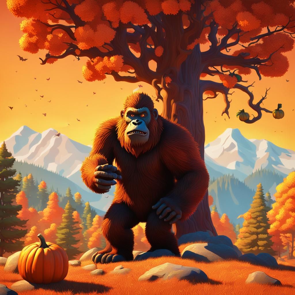 Bigfoot Hides in Autumnal Mountain Scene as 3D Art