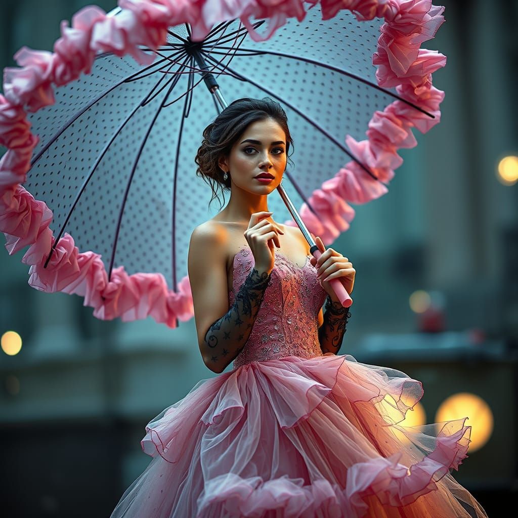 Woman with Ruffled Umbrella in Dark Style