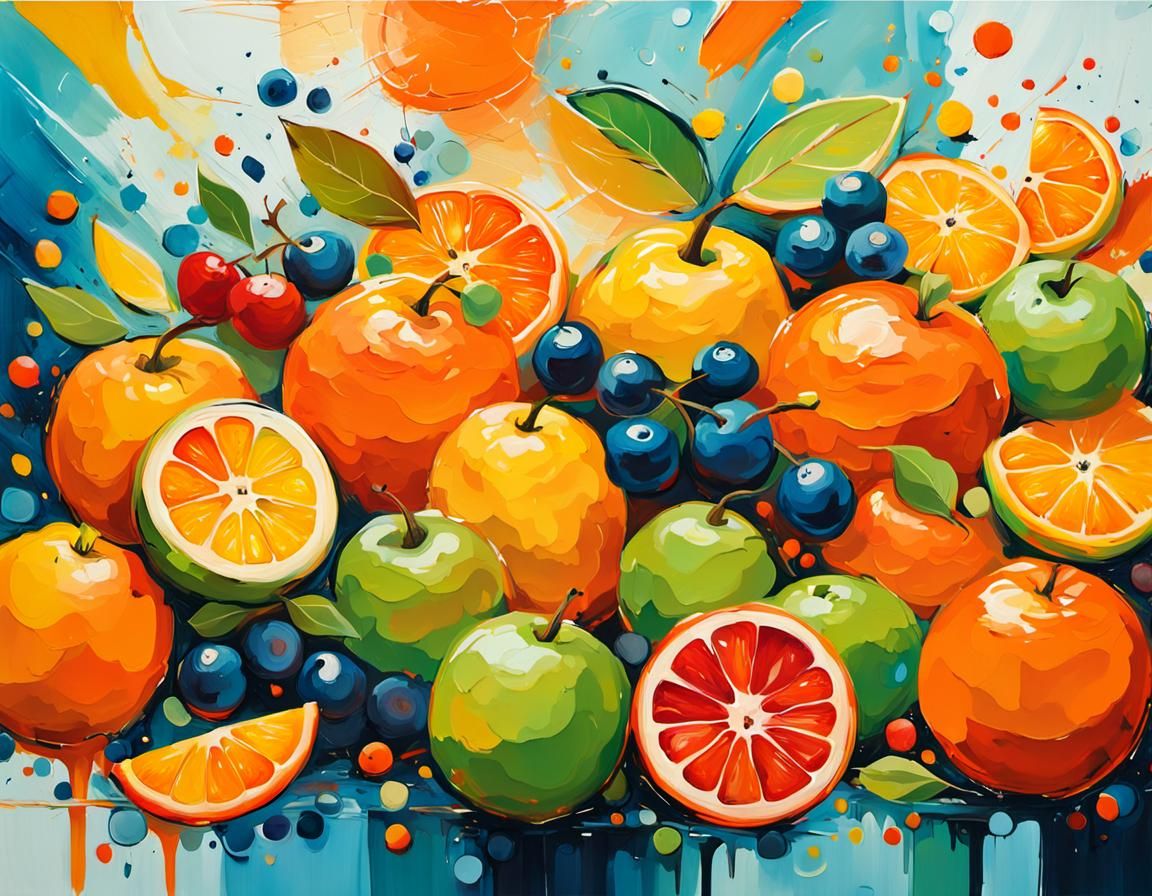 Joyful Gathering of Colorful Fruits: Abstract Expressionism
