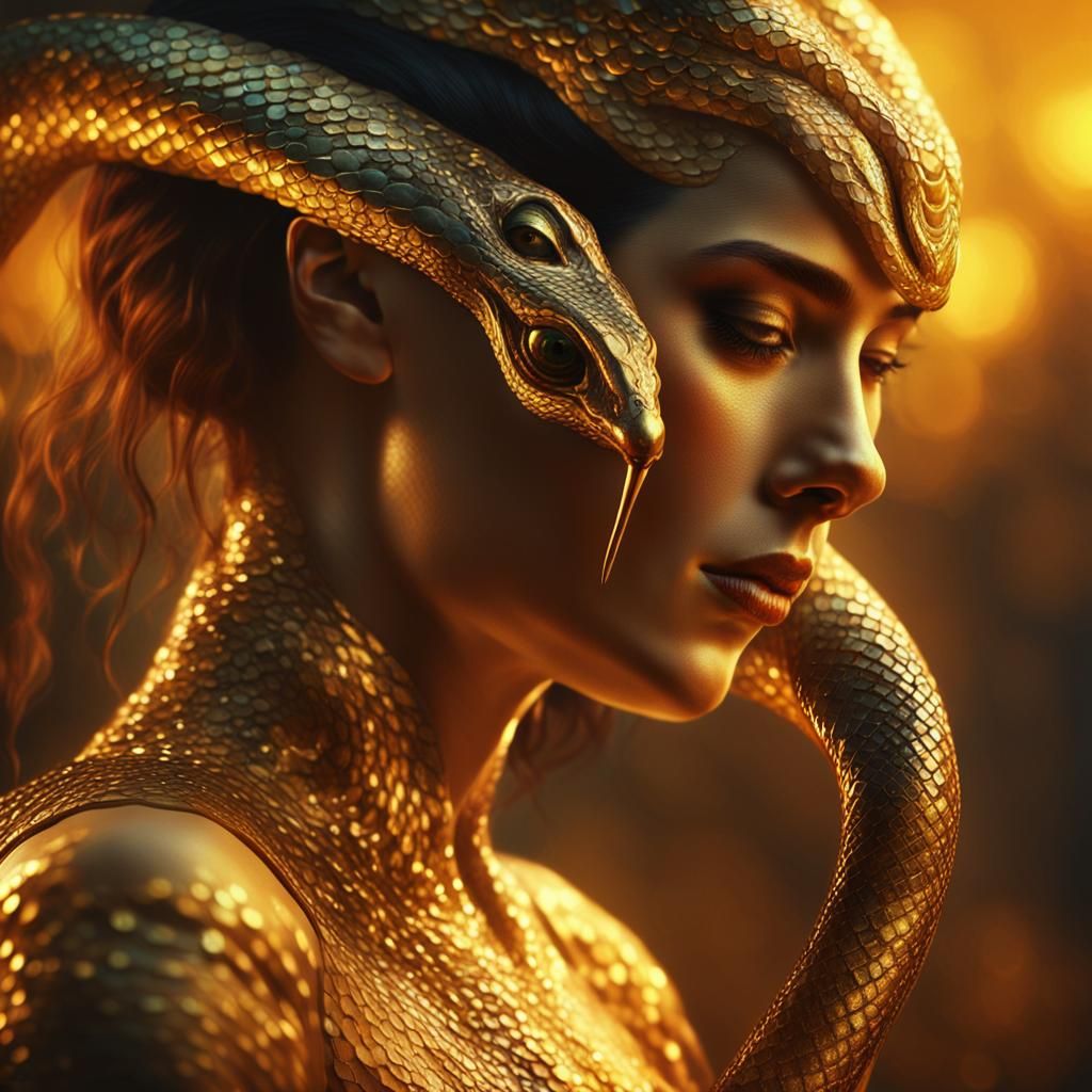 Woman and Serpent in Klimt Golden Style