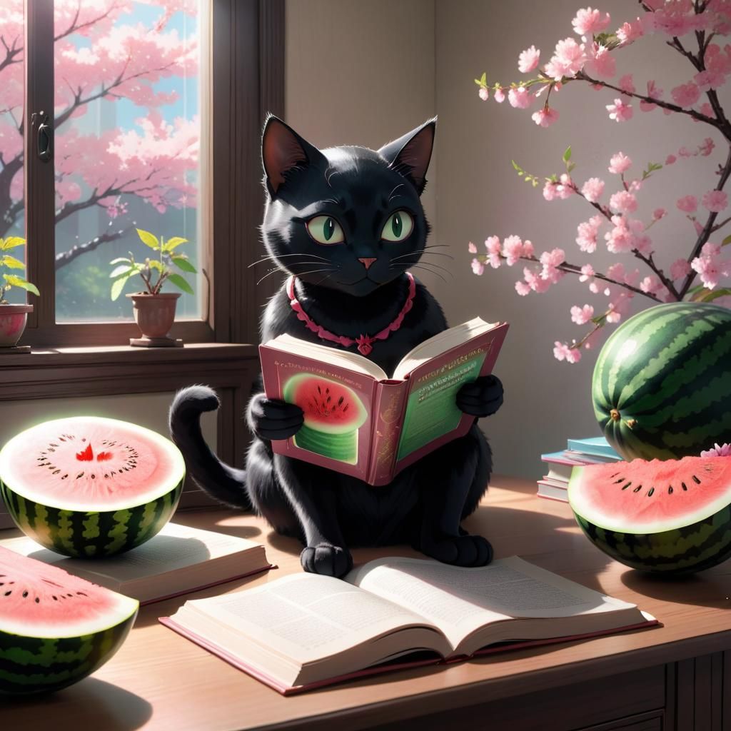 Black cat immersed in study