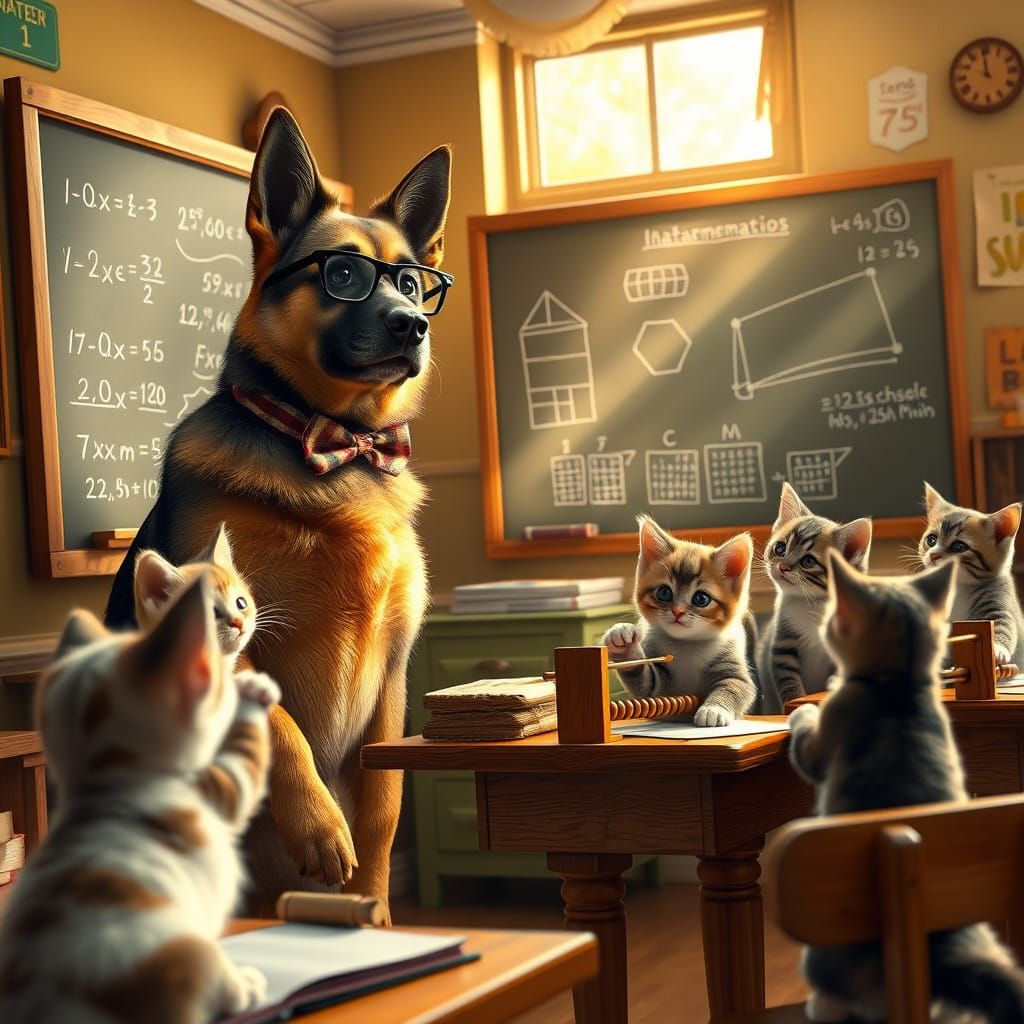 Canine Math Professor Teaches Kittens in Whimsical Classroom