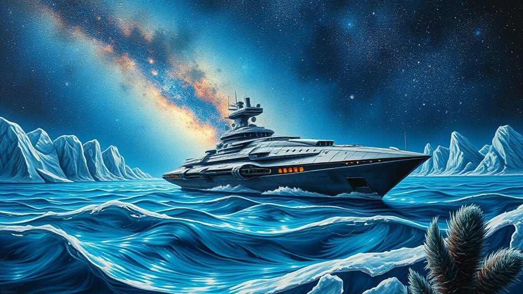 Metallic Battleship in Celestial Seascape