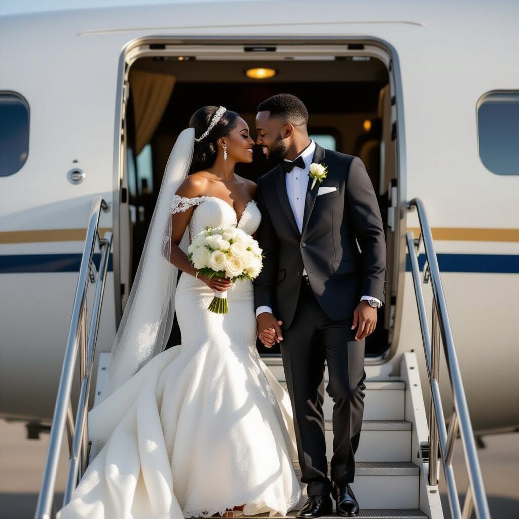 Igbo Couple Kissing on Plane Stairs in Golden Hour