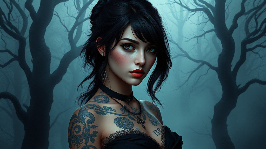 Mysterious Woman with Tattoos in Misty Forest