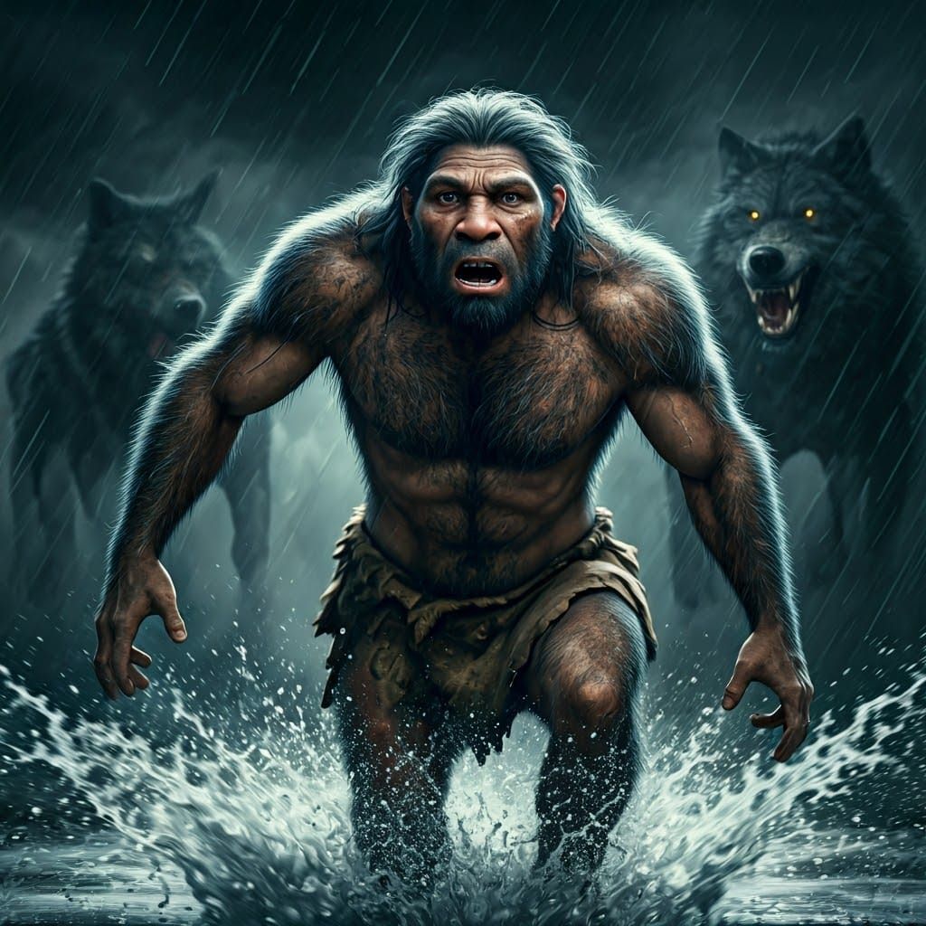Frightened Neanderthal Running from Wolves in Storm