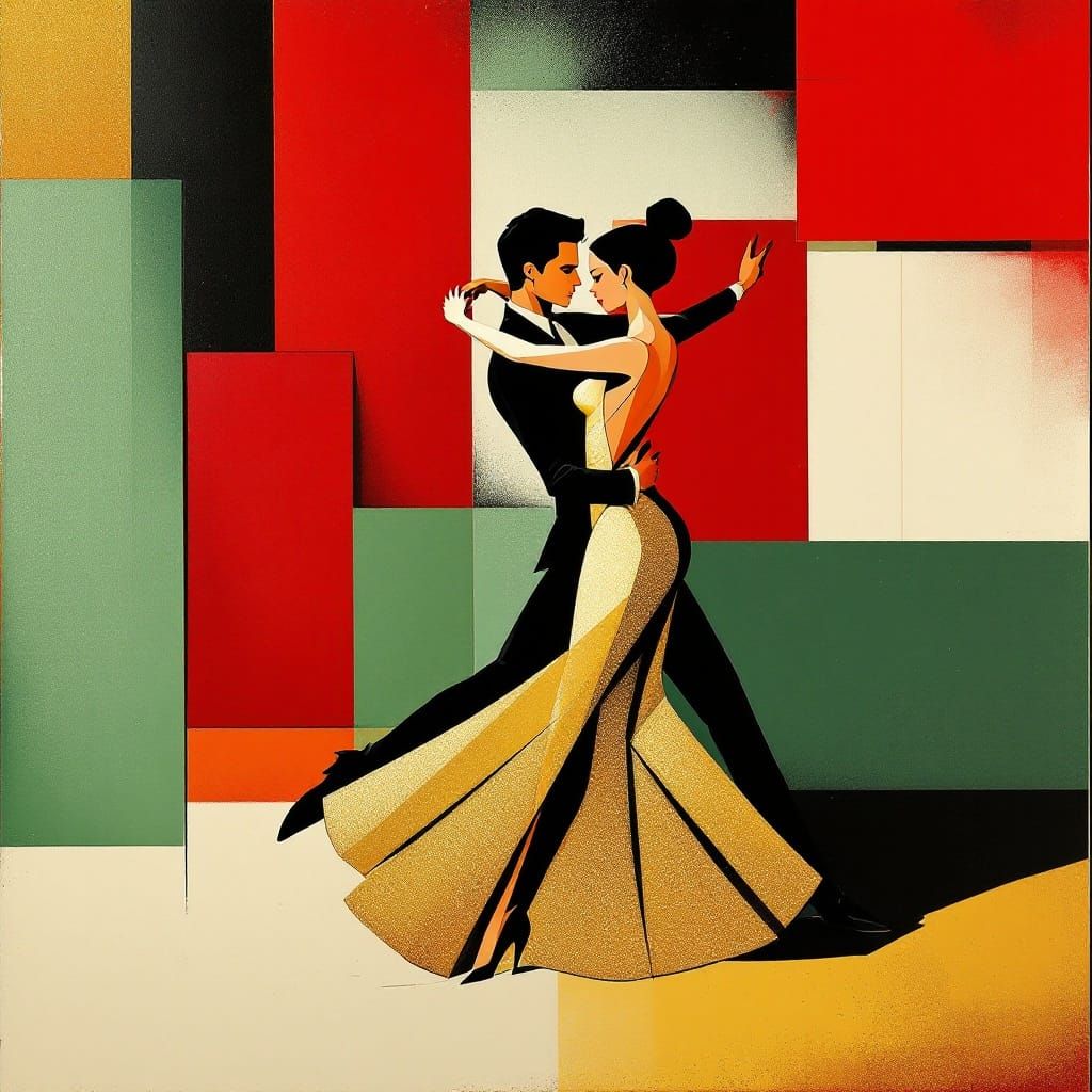 Elegant Tango Dancers in Festive Cubist Abstraction