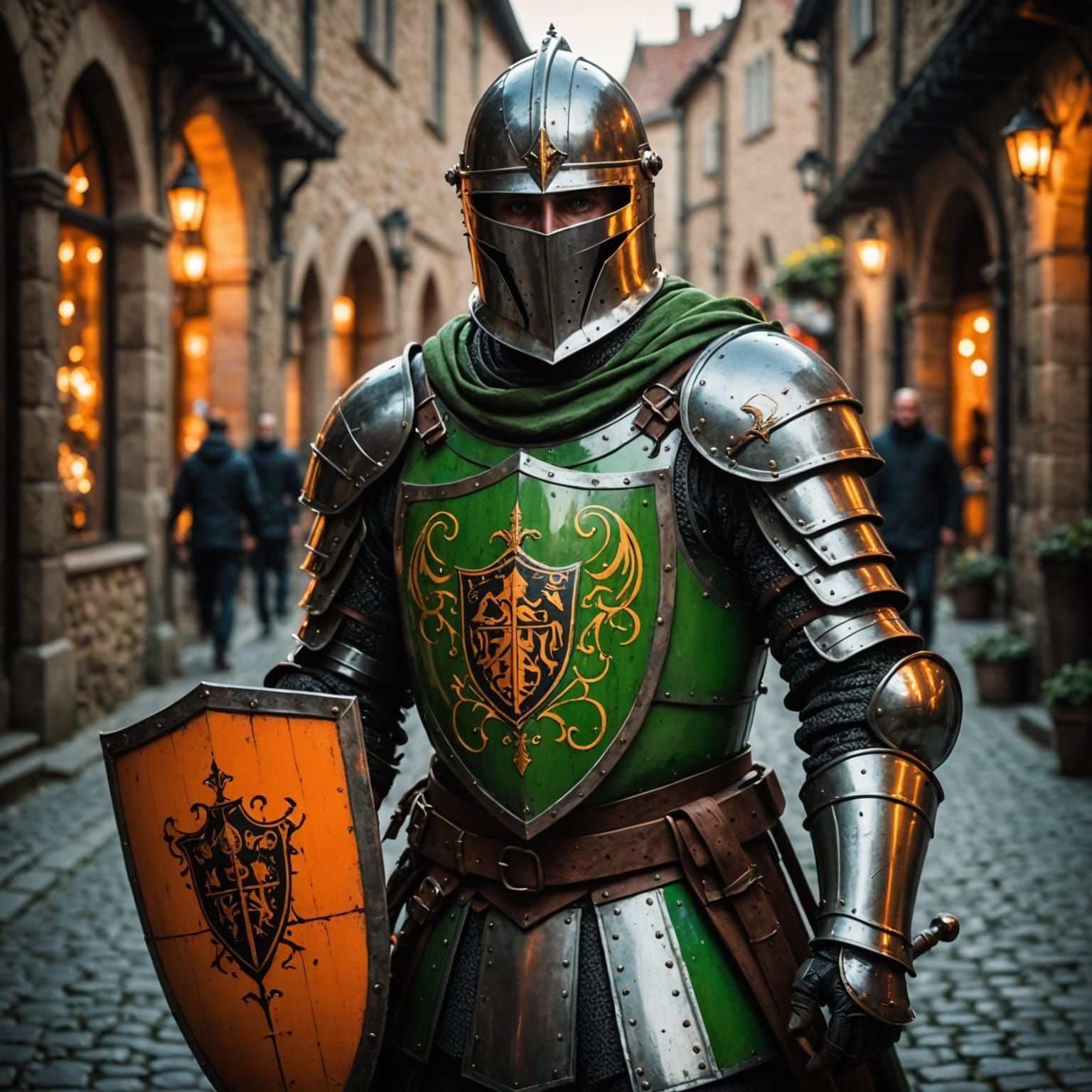Medieval Knight with Neon Shield, Hyperrealistic Photo