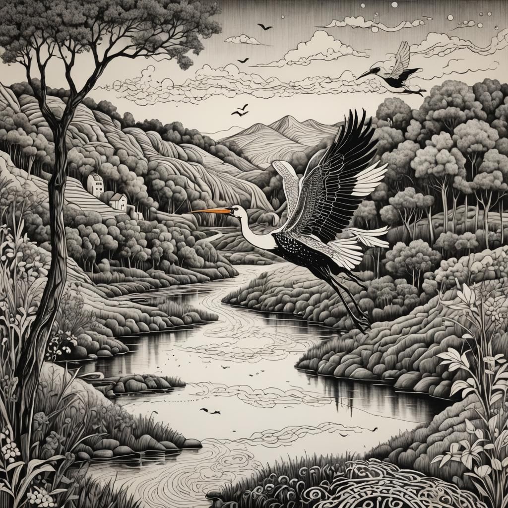 Binary code dream, zentangle, pen and ink, landscape, stork, river
