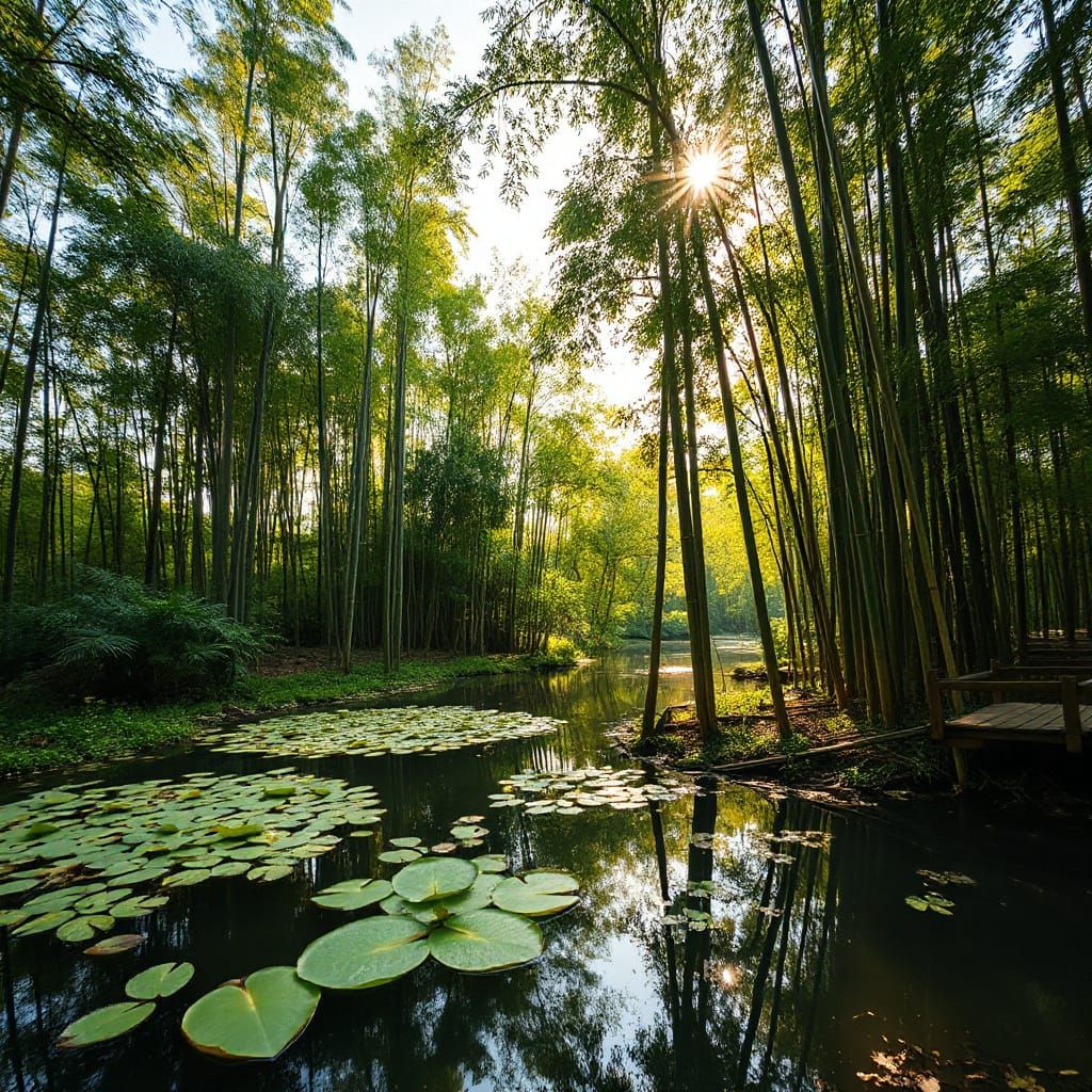 A serene bamboo forest at dawn