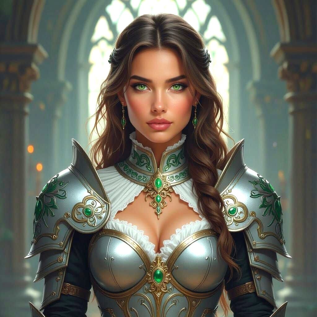 Female Paladin in Mystical Church, Hyper-Realistic Art