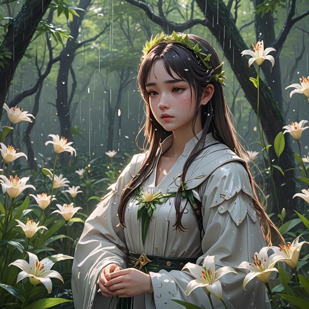 Lily Princess Crying in Rainy Forest: 3D Anime Art