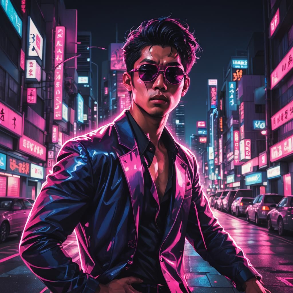 Muscular Japanese Man Posing in Neon Cityscape Fashion Portr...
