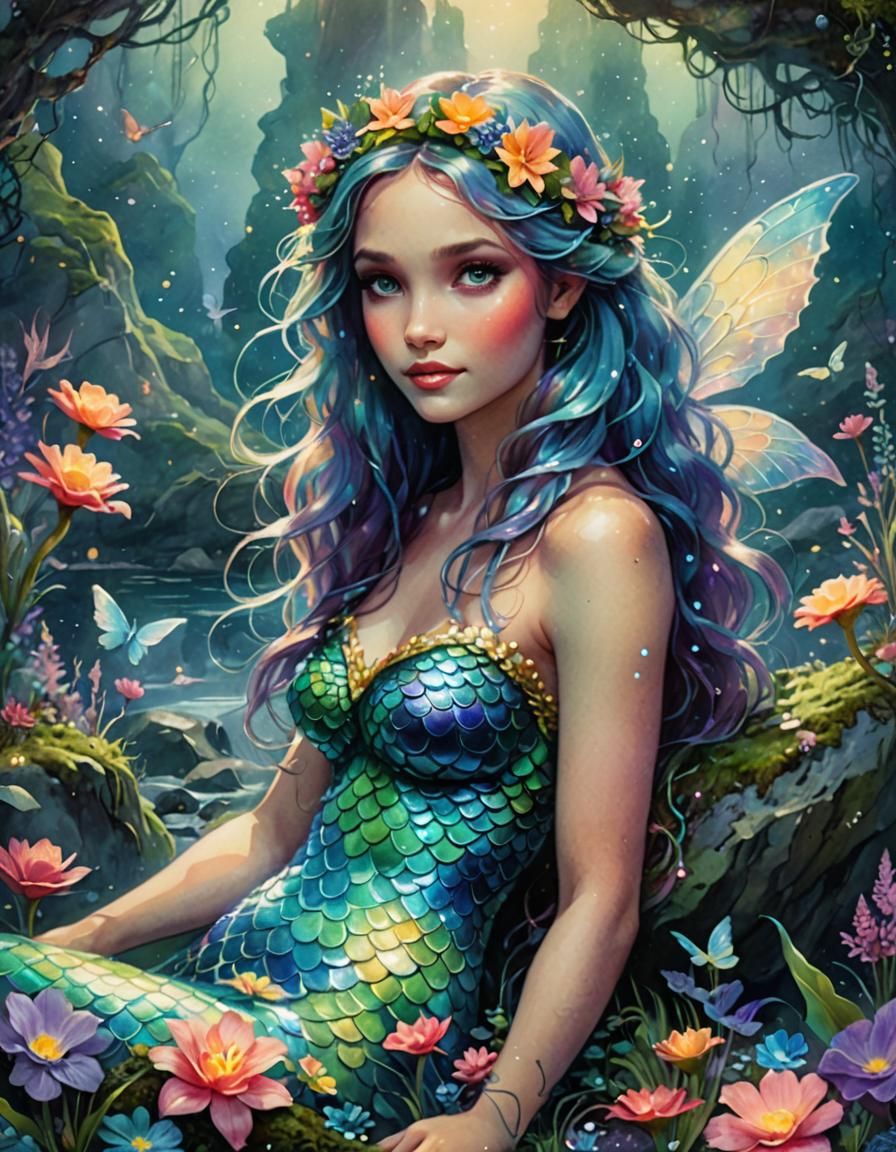 Bioluminescent Mermaid with Faery Wings in Watercolor Style