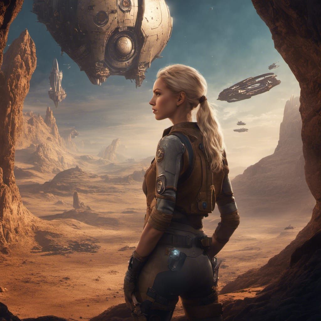 Archeologist Overlooking Ancient Starship in Space