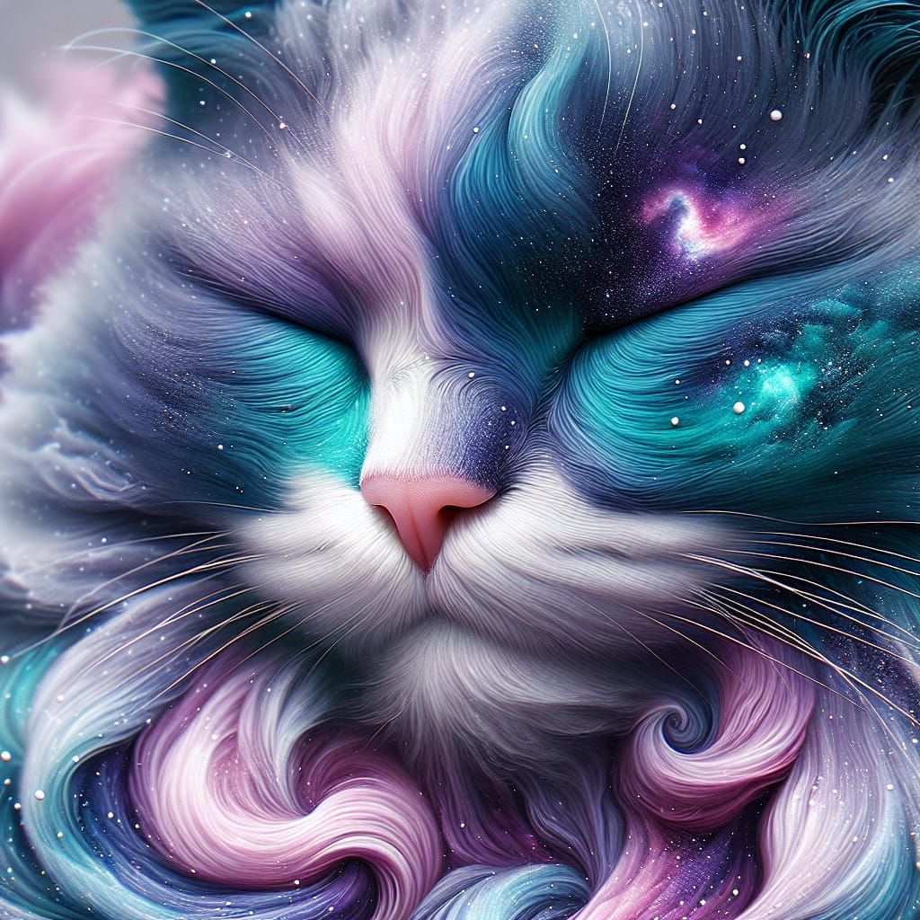 Dreamy Teal and Purple Cat in a Galaxy Heart