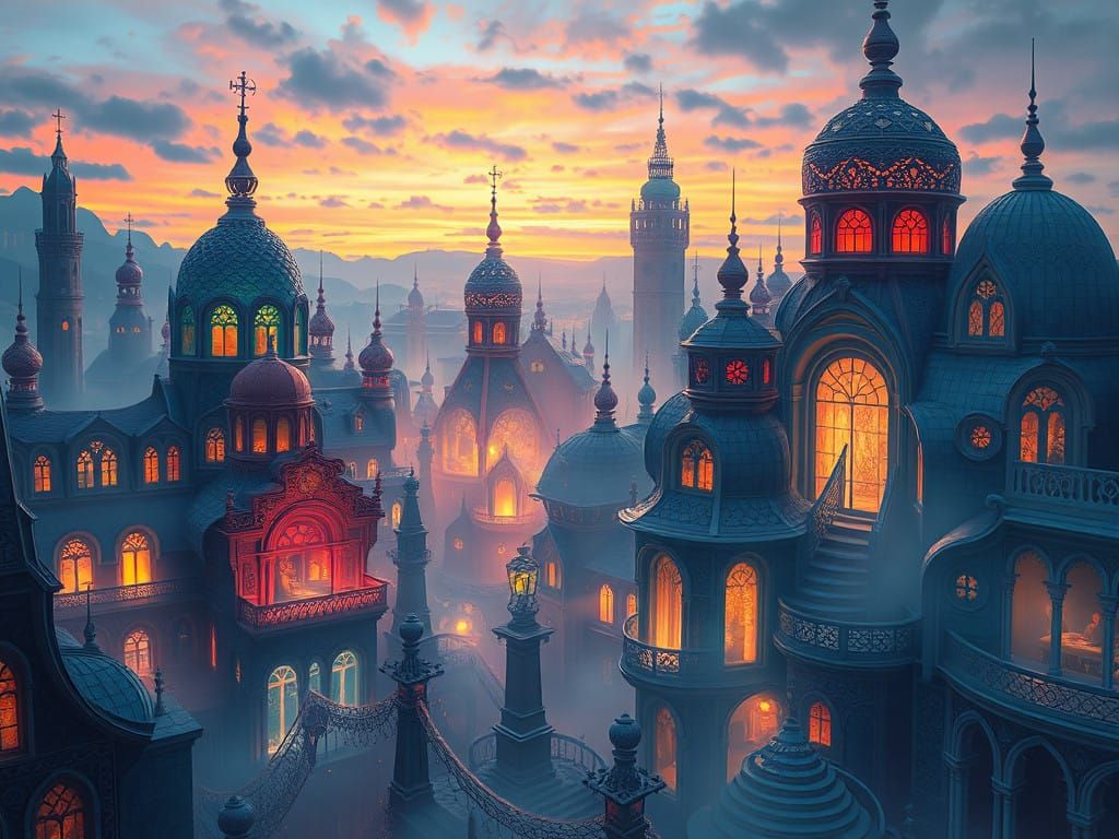 Dreamlike Cityscape at Dusk with Iridescent Loquescope Archi...