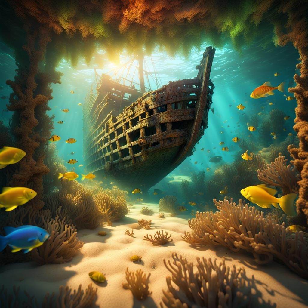 Sunken Shipwreck in Golden Light: 3D Render