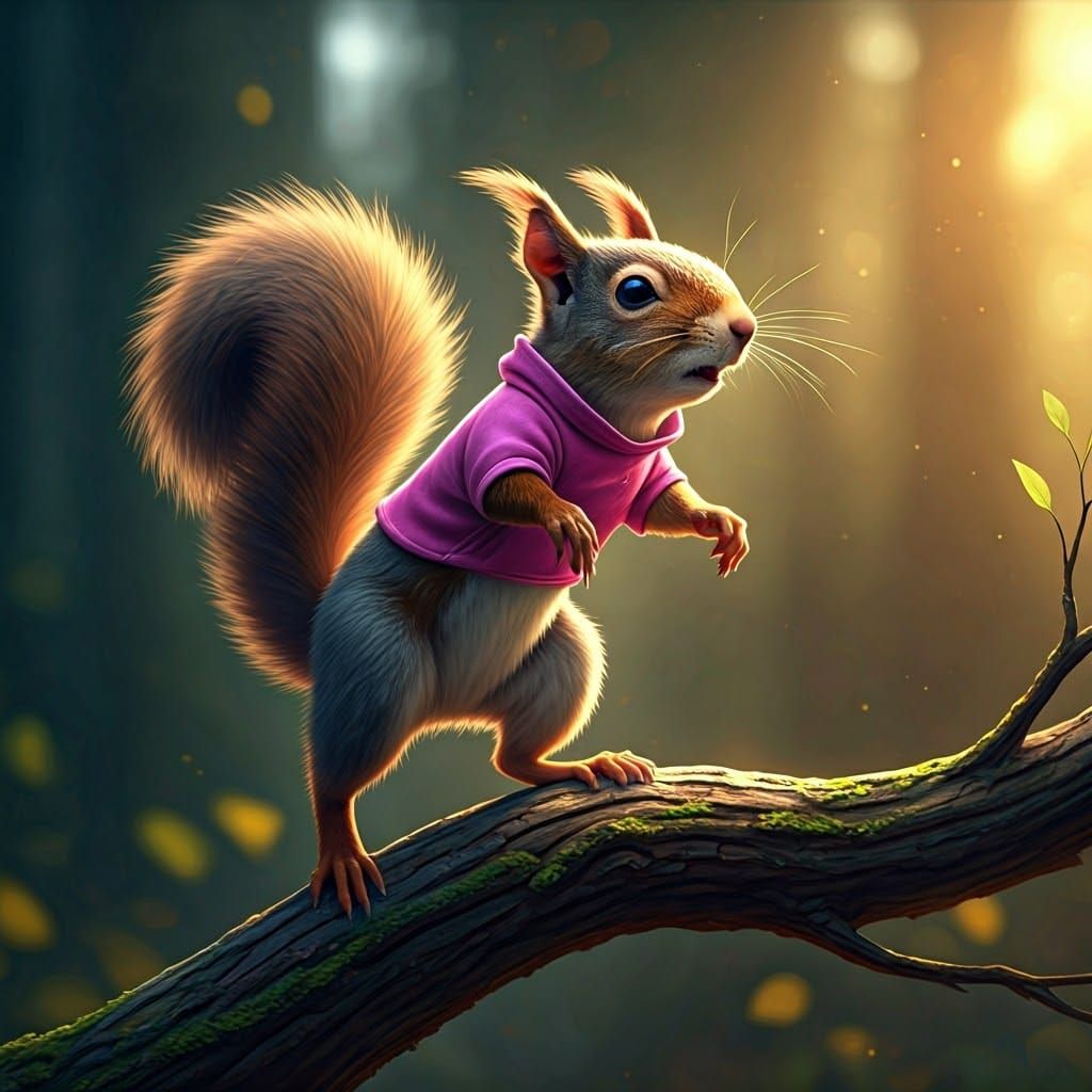 Hyperrealistic Squirrel in Pink Outfit Leaping From Branch