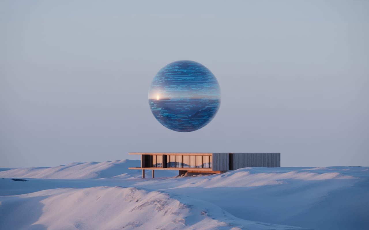 Glowing Blue Orb Over Snowy Landscape in Digital Art Style