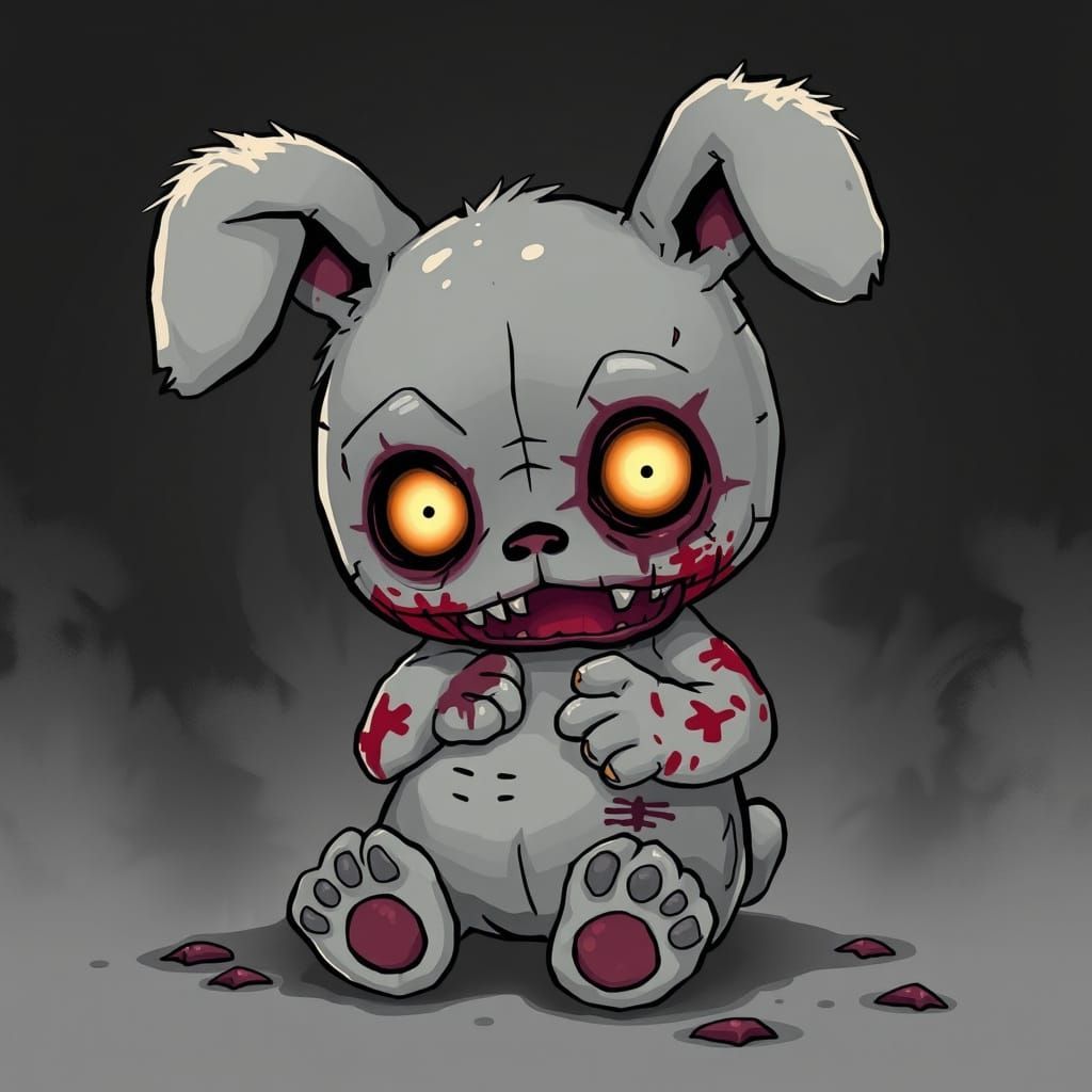 Cute Zombie Rabbit Stuffed Toy in Dark Atmosphere