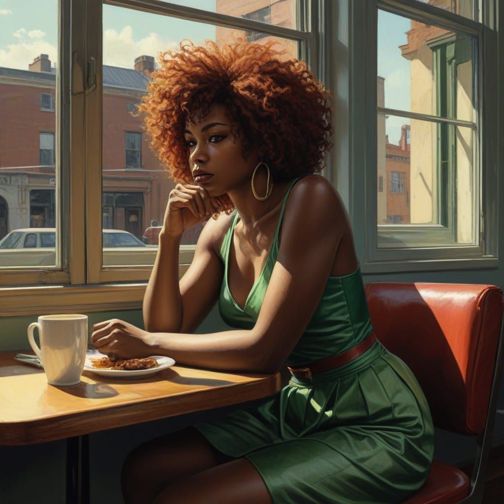 Zombie Woman at Cafe in Chiaroscuro Comic Style