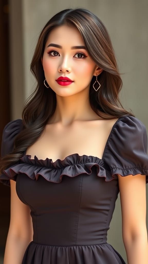 Exotic Vietnamese Beauty in Elegant Ruffled Dress