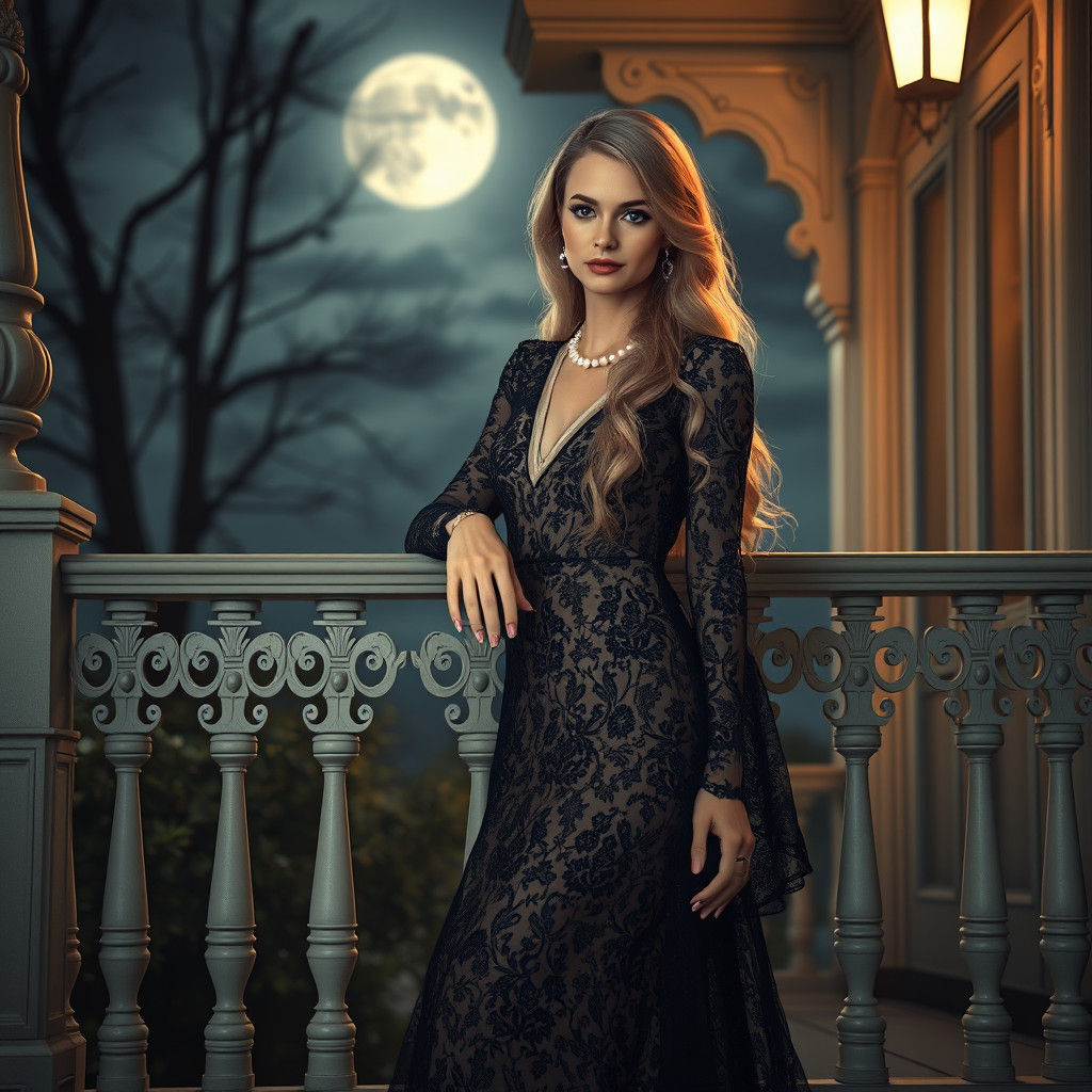 Regal Blond Woman in Lace Gown Under Moonlight