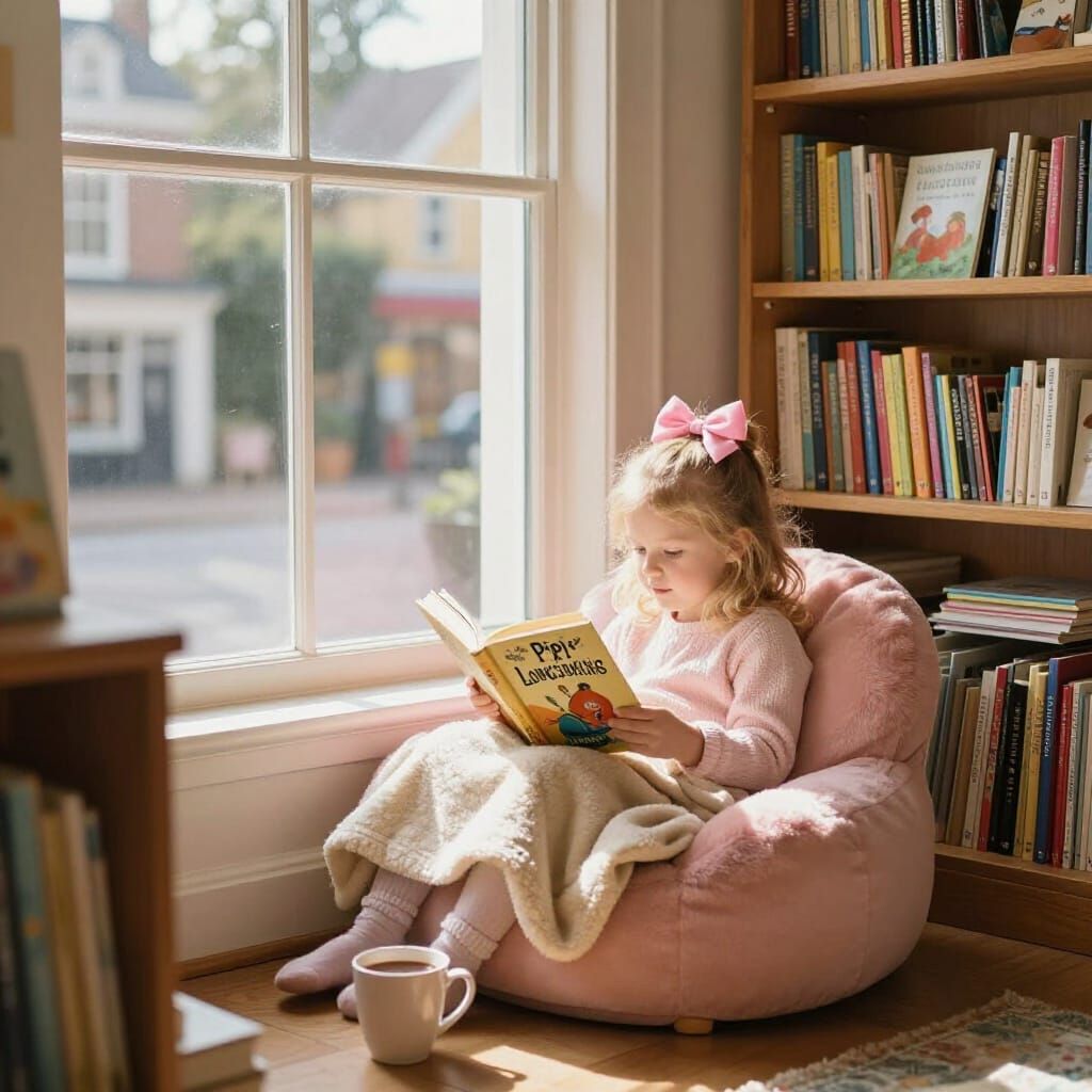 Cozy Library Scene With Girl Reading in Pink Chair