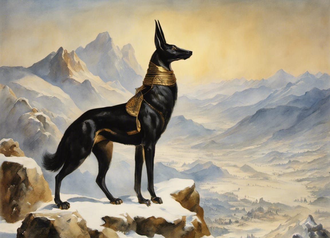 Anubis in Snow: Watercolor Painting