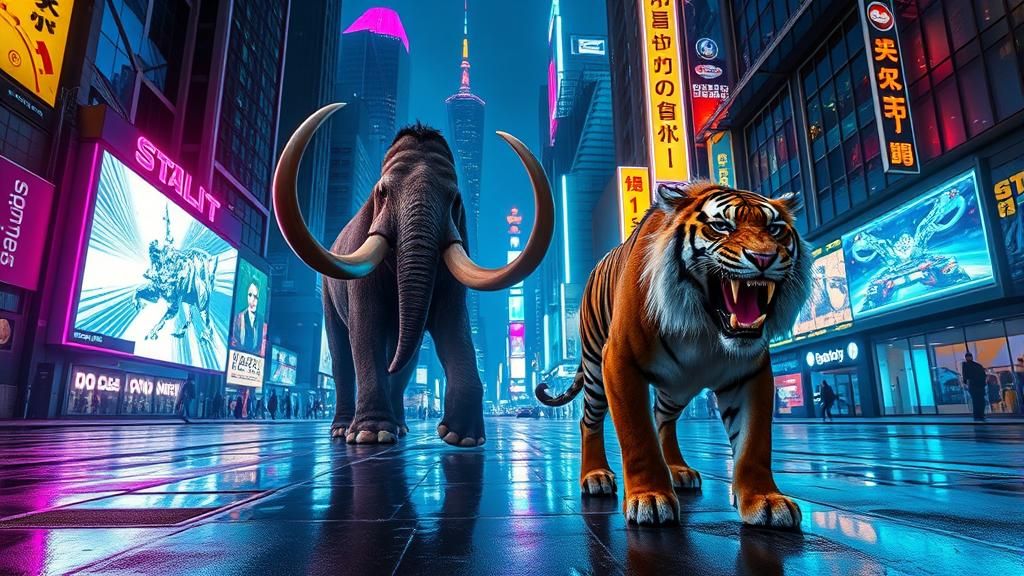 Mammoth and Tiger in a Neon Cyberpunk City