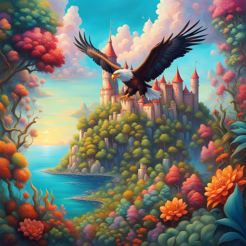 Dreamlike Island Castle in Surreal Landscape